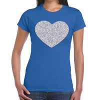 Zilveren hart glitter t-shirt blauw dames - thumbnail