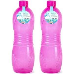 Plasticforte Drinkfles/waterfles/bidon - 2x - 1500 ml - transparant/roze - kunststof - Drinkflessen