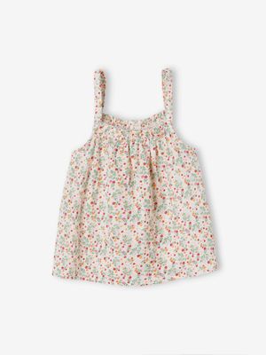 Meisjesblouse met schouderbandjes van katoengaas wit, bedrukt