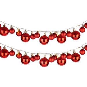 2x stuks verlichte kerst guirlandes/slingers met 93 LED kerstballen rood