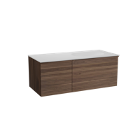 Balmani Forma zwevend badmeubel 120 x 55 cm amerikaans notenhout met Tablo Oval asymmetrisch rechtse wastafel in solid surface mat wit, Horizontale symmetrische rechte ribbel