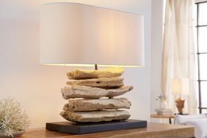 Handgemaakte drijfhoutlamp RIVERINE 55 cm tafellamp met cremekleurige linnen kap - 36786