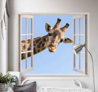 Muurstickers visuele effecten Giraf komt door een raam 3d - thumbnail