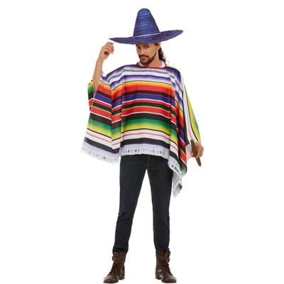 Carnaval verkleed set Mexicaan - gekleurde one size poncho - Sombrero hoed blauw dia 59 cm