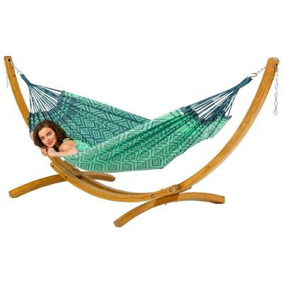 Eenpersoons hangmat met houten standaard - 300x140cm - Groen - 120kg draagkracht- 100% katoen - binnen & buiten