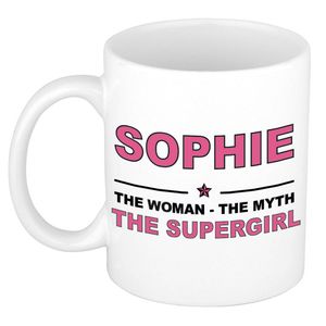 Naam cadeau mok/ beker Sophie The woman, The myth the supergirl 300 ml - Naam mokken