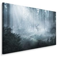 Schilderij - Hert in een donker Bos, Mist, premium Print - thumbnail