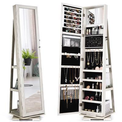 360 Roterende Gespiegelde Sieraden Kast 2-In-1 Afsluitbare Sieraden Organisator met Volledige Lengte Spiegel 39 x 39 x 161 cm Wit