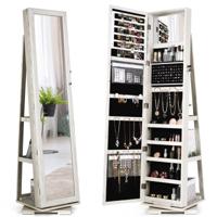 360 Roterende Gespiegelde Sieraden Kast 2-In-1 Afsluitbare Sieraden Organisator met Volledige Lengte Spiegel 39 x 39 x 161 cm Wit