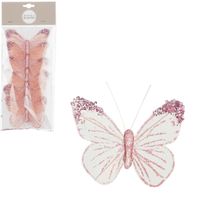 House of Seasons vlinders op clip - 6x stuks - roze/wit - 10 cm   -