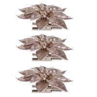 3x stuks decoratie bloemen kerstster roze glitter op clip 9 cm