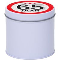 Cadeau/kado wit rond blik 65 jaar 10 cm