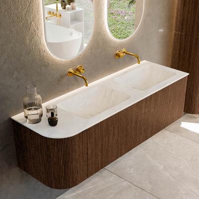 Badmeubel Mondiaz Kurve-Dlux | 145 cm | Meubelkleur Walnut | Wastafelkleur Opalo | Solid surface | Dubbele spoelbak | Zonder kraangat(en)