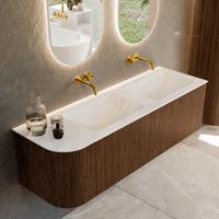 Badmeubel Mondiaz Kurve-Dlux | 145 cm | Meubelkleur Walnut | Wastafelkleur Opalo | Solid surface | Dubbele spoelbak | Zonder kraangat(en)