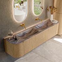 Badmeubel Mondiaz Kurve-Dlux | 190 cm | Meubelkleur Oak | Wastafelkleur Sombra | Solid surface | Wasbak beide zijden spoelbak | Zonder kraangat(en)