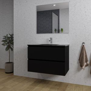 Adema Chaci Badkamermeubelset - 80x46x55cm - 1 keramische wasbak zwart - 1 kraangat - 2 lades - rechthoekige spiegel - mat zwart SW1212768/SW761655/SW724611