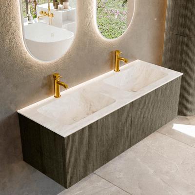 Badmeubel Mondiaz Kurve-Dlux | 130 cm cm | Meubelkleur Shadow | Wastafelkleur Frappe | Solid surface | Wasbak beiden zijden spoelbak | 2 kraangaten