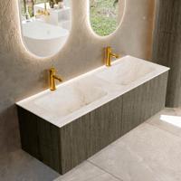Badmeubel Mondiaz Kurve-Dlux | 130 cm cm | Meubelkleur Shadow | Wastafelkleur Frappe | Solid surface | Wasbak beiden zijden spoelbak | 2 kraangaten