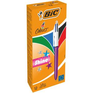 Bic Colours Shine 4-kleurenbalpen, medium, klassieke inktkleuren, lichaam metallic paars