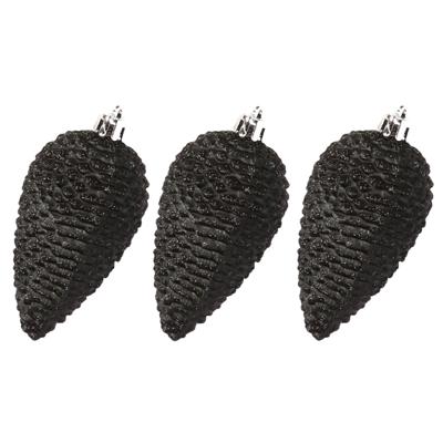 Kersthangers dennenappels - 6x st - zwart - glitter - 8 cm - kunststof - kerstversiering