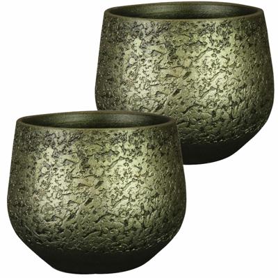 Ter Steege Plantenpot/bloempot - 2x stuks - keramiek - metallic donkergroen - touch of gold - D23/H2