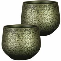 Ter Steege Plantenpot/bloempot - 2x stuks - keramiek - metallic donkergroen - touch of gold - D23/H2