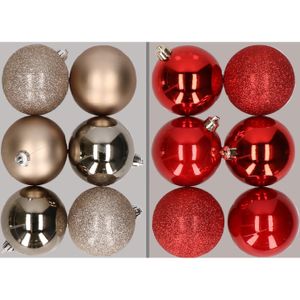 12x stuks kunststof kerstballen mix van champagne en rood 8 cm