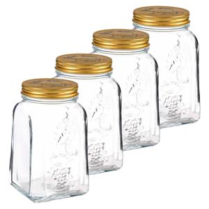 Voorraadpot/bewaarpot Square - 4x - glas - 1,5L - transparant/goud - D10 x H19 cm - voedsel bewaren