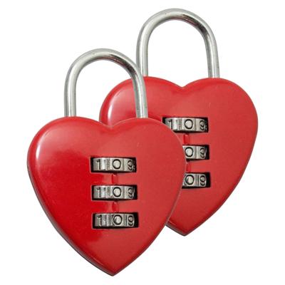 Hangslot - 2x - rood - metaal - 38 mm - hartvormig 3-cijferig cijferslot Hangslot - 2x - rood - metaal - 38 mm - hartvormig 3-cijferig cijferslot