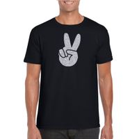 Zwart Flower Power t-shirt zilveren glitter peace hand heren - thumbnail