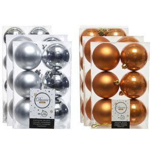 Kerstversiering kunststof kerstballen mix cognac bruin/zilver 4-6-8 cm pakket van 68x stuks