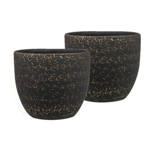 Set van 2x stuks plantenpotten/bloempotten in het lava-look zwart Dia 15 cm en Hoogte 13 cm