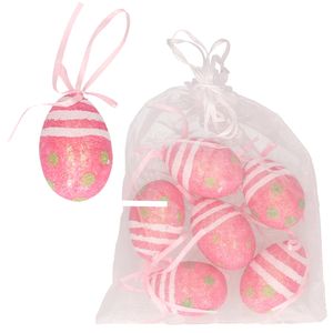 Decoratie paaseieren hangend - 6x - roze glitter - piepschuim - 6 cm