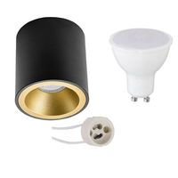 Opbouwspot Set - Pragmi Cliron Pro - GU10 Fitting - Opbouw Rond - Mat Zwart/Goud - 6W - Helder/Koud Wit 6400K - Verdiept - Ø90mm