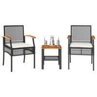 3-delige Bistroset met kussens poly rattan en acaciahout zwart - thumbnail