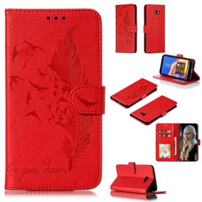 Feather patroon Litchi textuur horizontale Flip lederen draagtas met portemonnee & houder & kaartsleuven voor Galaxy J4 + (rood)