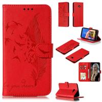 Feather patroon Litchi textuur horizontale Flip lederen draagtas met portemonnee & houder & kaartsleuven voor Galaxy J4 + (rood)