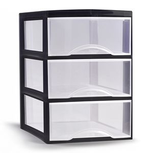 Ladeblokje/bureau organizer met 3x lades - transparant/zwart - L26 x B36 x H37 cm - plastic