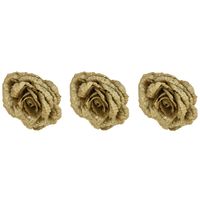 3x stuks decoratie bloemen roos goud glitter op clip 18 cm