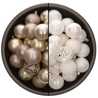 74x stuks kunststof kerstballen mix van champagne en parelmoer wit 6 cm