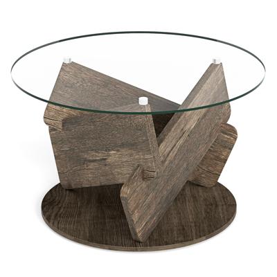 Ronde Glazen Tafel met Gehard Glazen Blad en Massief Houten Frame Moderne Salontafel φ 81cm