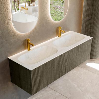 Badmeubel Mondiaz Kurve-Dlux | 140 cm cm | Meubelkleur Shadow | Wastafelkleur Opalo | Solid surface | Wasbak beiden zijden spoelbak | 2 kraangaten