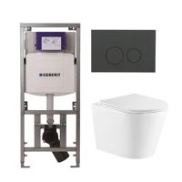 QeramiQ Dely Toiletset - 36.3x51.7cm - diepspoel - rimless - Geberit UP320 Burda inbouwreservoir - softclose toiletzitting - bedieningsplaat mat antraciet - ronde knoppen - wit glans SW543431/0701131/SW1102376