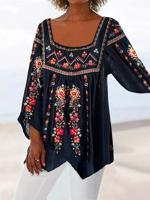 Square Neck Tribal Ruched Three Quarter Top