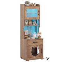 Kast voor Kattenbak met Verstelbare Ledverlichting Verborgen Meubel met Toilet van 152 cm Hoog met Planken-Naturel