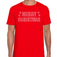 Glitter kerst t-shirt rood Merry Christmas glitter steentjes voor heren - Glitter kerst shirt - thumbnail