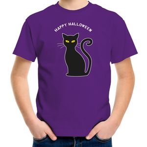 Halloween verkleed t-shirt voor kinderen - zwarte kat - paars - themafeest outfit