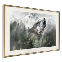 Ingelijste Poster - Huilende Wolf in de bergen, Goudkleurige lijst met passe-partout, 60x40cm - thumbnail