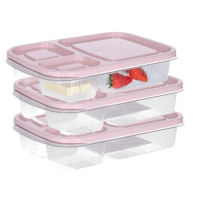 Vershoudbakje/lunchbox - 3x - luchtdicht - 3 vakjes - lichtroze - kunststof - broodtrommel -24 x 15