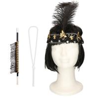 Carnaval verkleed accessoire set - sigarettenhouder/parelketting/hoofdband - charleston/jaren 20 - thumbnail